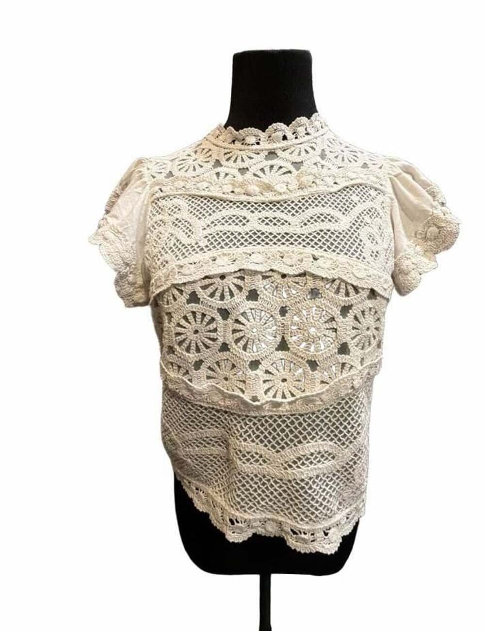 838 Ollari Dori Ruffle-Sleeve Crochet Top Size M